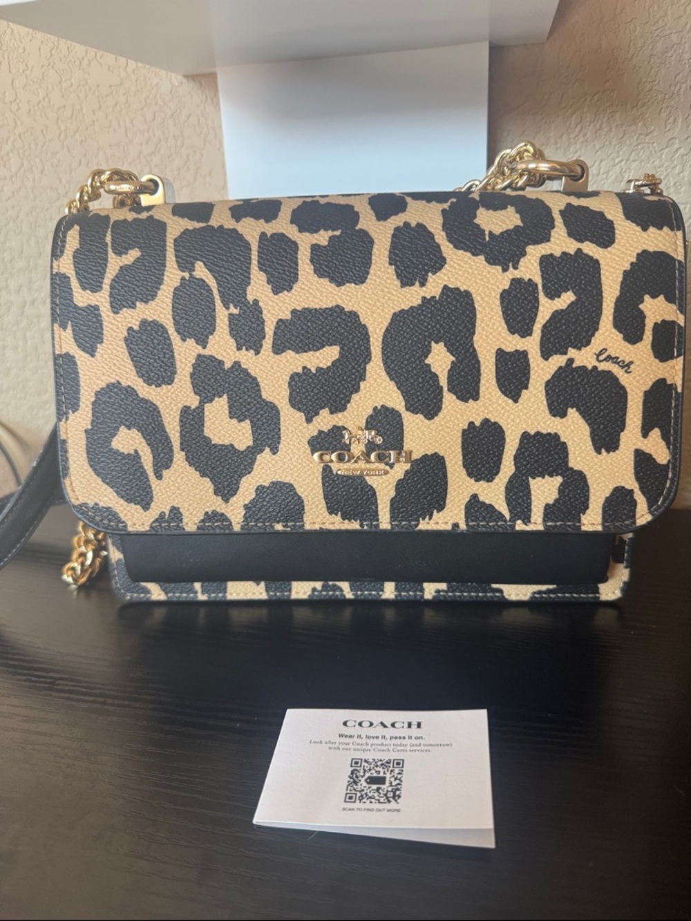COACH Leopard Print Crossbody Bag in Tan and Black with Gold Hardware